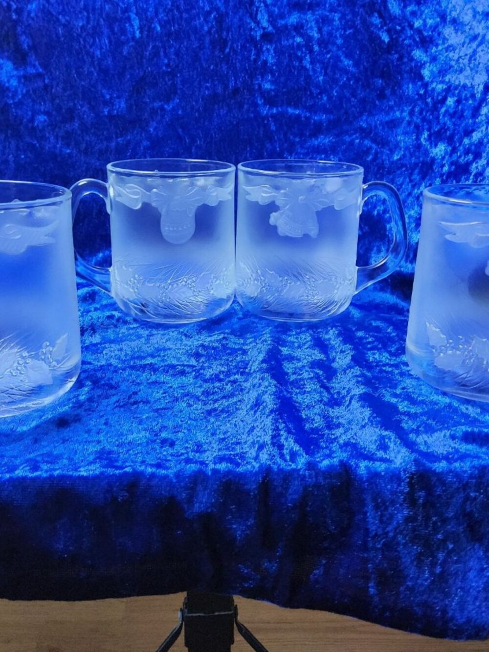 Vintage Set of 4 Duralex France Frosted Glass, Bells, Holly Embossed Christmas M
